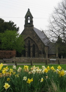 Christ Church Wessington seen through Spring daffodils